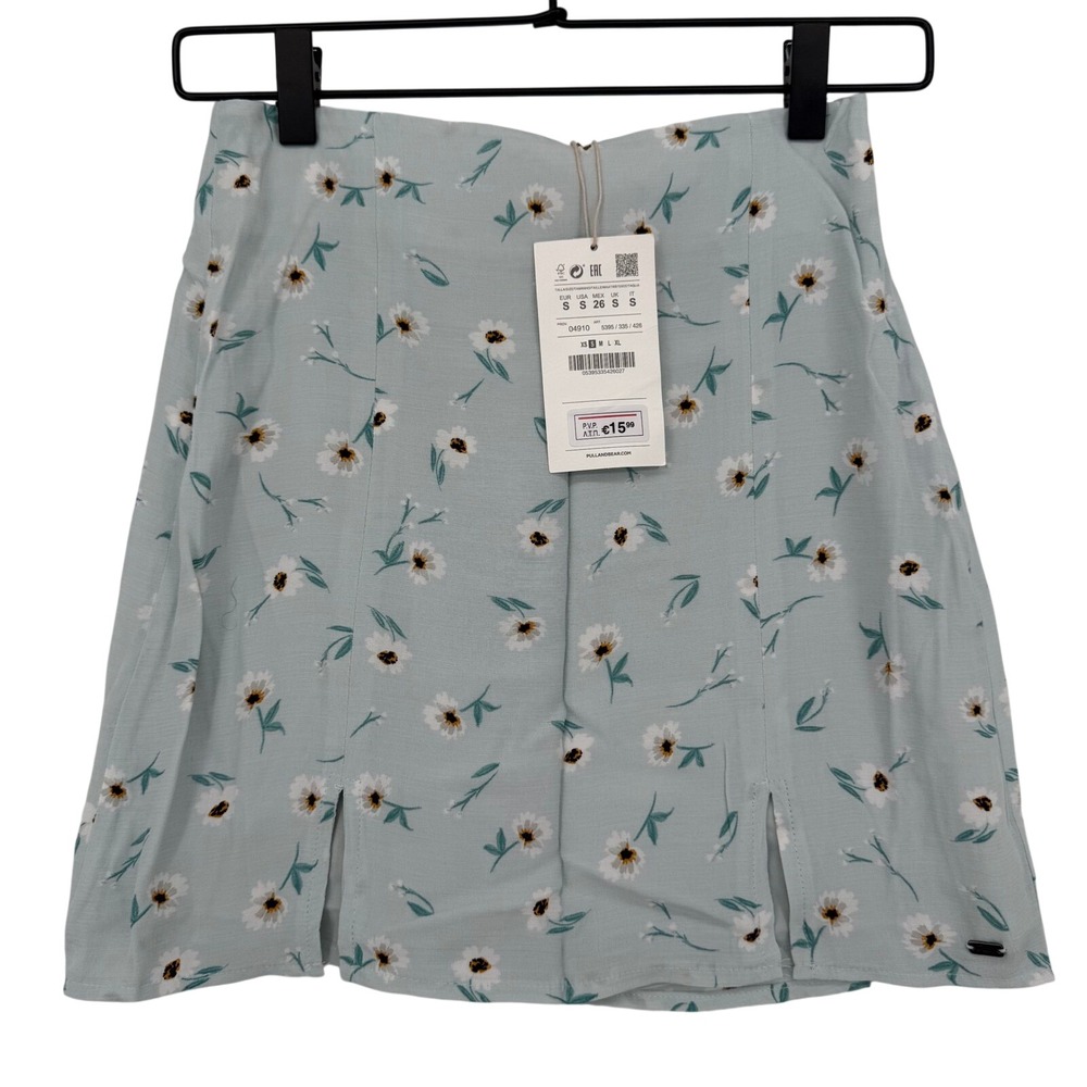 Pull&Bear Mini Skirt Womens Small Sage Green Daisy Floral Print Front Slits NWT